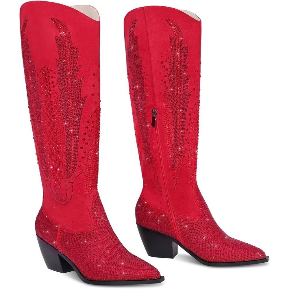 Women Polyurethane Red Knee High Rhinestone Bling Pointed Toe Cowgirl Western - Picture 5 of 7